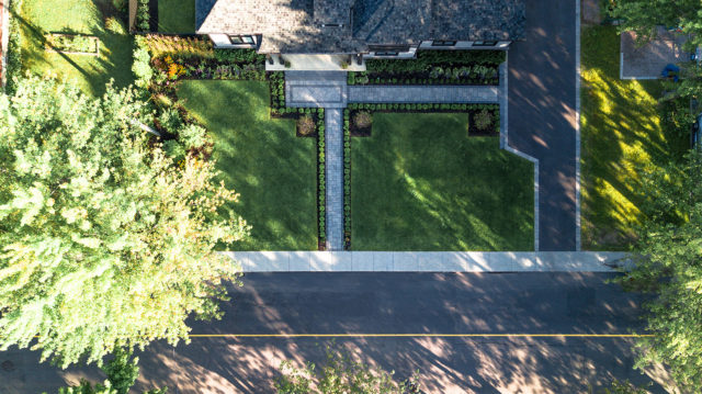 Aerial photo of landscaping, tree services, and concrete done by DLC Teams